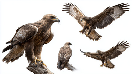 Collection of golden eagle poses isolated on a white background