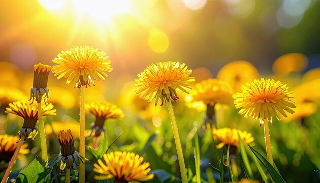 A field of blooming yellow dandelions bathed in warm sunlight, creating a vibrant and cheerful natural scene. - Powered by Adobe