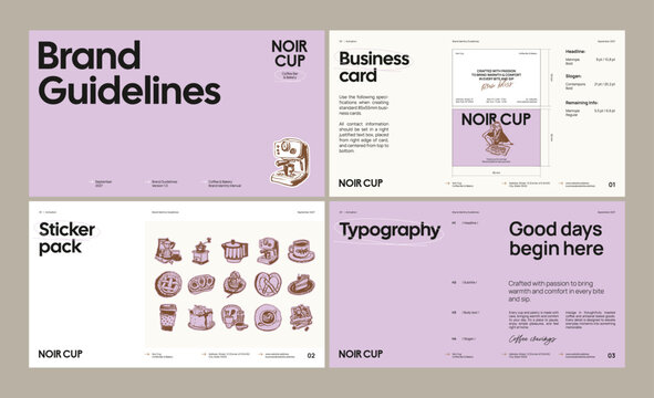 Brand identity guideline template for developing a cohesive visual identity for a coffee brand, pastry, bakery, restaurant, or cafe.