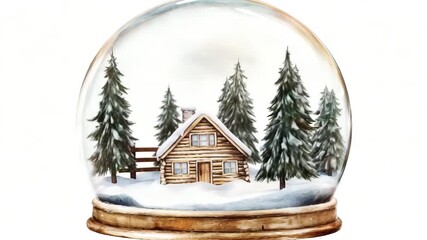 Snow globe showing cozy wooden cabin surrounded by falling snow and pine trees in winter wonderland - Powered by Adobe
