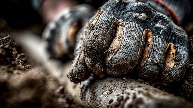 Professional plumber's gloved hands carefully work on a drainage pipe deep in the ground, showcasing expertise and determined, gritty hard work.