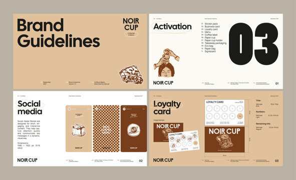 Brand identity guideline template for developing a cohesive visual identity for a coffee brand, pastry, bakery, restaurant, or cafe.