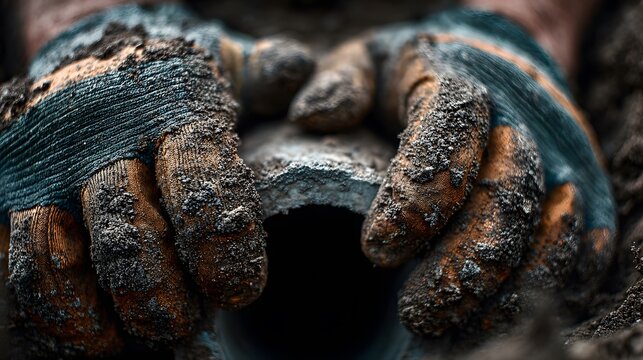 Professional plumber's gloved hands carefully work on a drainage pipe deep in the ground, showcasing expertise and determined, gritty hard work.