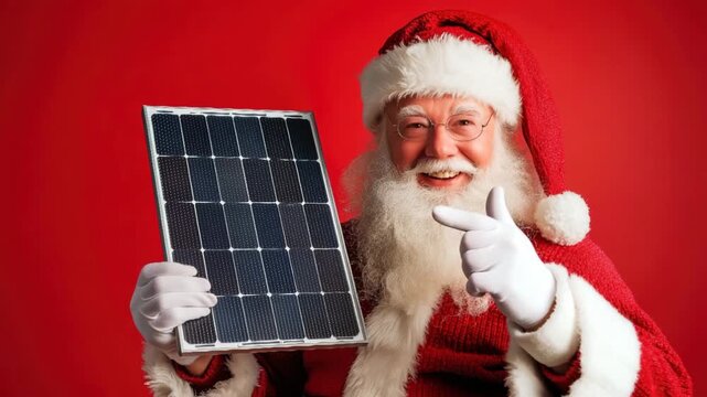 Santa claus promoting solar energy with photovoltaic panel on red background