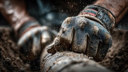 Professional plumber's gloved hands carefully work on a drainage pipe deep in the ground, showcasing expertise and determined, gritty hard work.