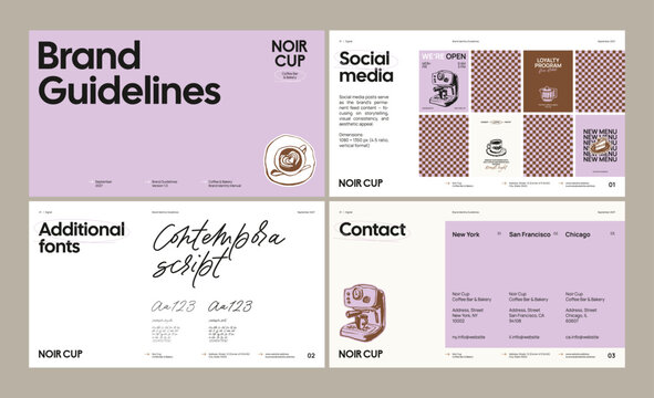 Brand identity guideline template for developing a cohesive visual identity for a coffee brand, pastry, bakery, restaurant, or cafe.