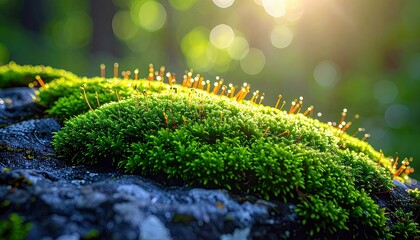A detailed view of lush green moss growing on a dark surface, with delicate water droplets glistening on its surface.