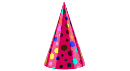 Bright Pink Party Hat with Colorful Metallic Polka Dots isolated on a transparent background birthday