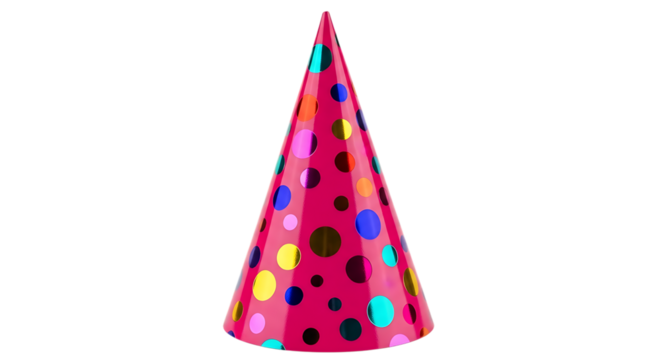 Bright Pink Party Hat with Colorful Metallic Polka Dots isolated on a transparent background birthday