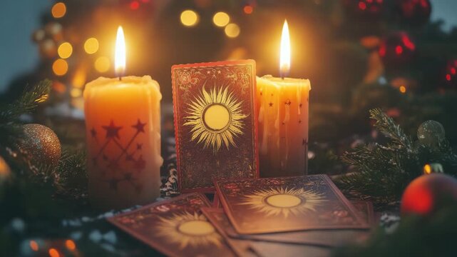 Tarot cards with sun arcana and burning candles during christmas holiday season