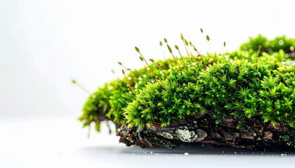 A detailed view of lush green moss growing on bark, featuring delicate spore capsules and glistening water droplets.