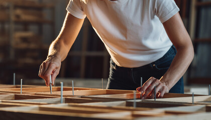 Focused craftswoman assembling wooden frame with precision screwdriver in workshop, bringing artisan designs to life with skilled hands and dedication