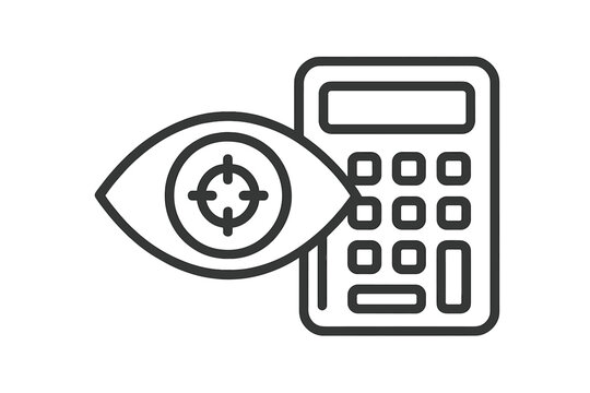 Focused eye symbol overlaid on a calculator representing financial analysis and accounting accuracy