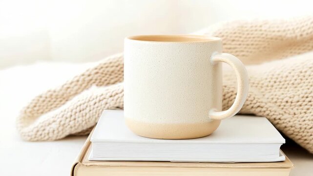 Warm beverage in a cozy mug rests on books with a knitted blanket, creating a comforting and inviting atmosphere