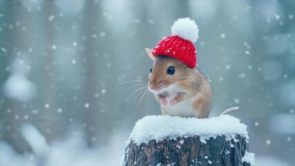 Cute mouse wearing christmas hat enjoying winter snowfall - Powered by Adobe