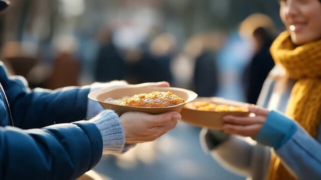 Volunteer hands serving meal at outdoor feeding program faces obscured homeless mental support street level ministry charity meal service urban setting with copy space