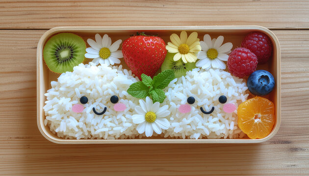 Bento box featuring rice shaped like smiling clouds, decorated with fruit and flowers.