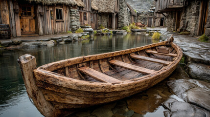 Medieval Wooden Skiff on Sand at Sunset