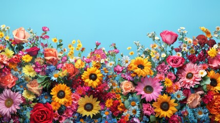 A colorful array of summer garden flowers in full bloom, with bright petals of sunflowers, daisies, and roses under a clear blue sky.