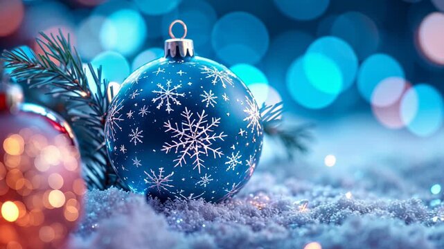 Decorative Christmas ball with snowflake pattern resting on snow with twinkling bokeh lights