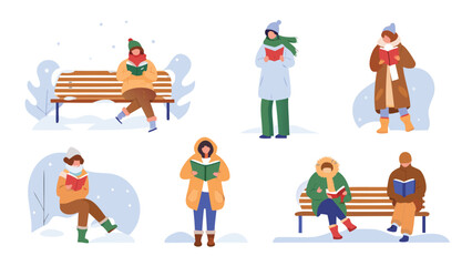 Naklejka premium Joyful winter scene with people relaxing and reading books on a snow covered park bench perfect for holiday promotions and seasonal advertising