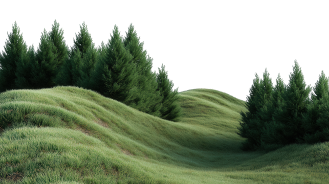 landscape with green grass hills and trees with sky isolated on white or transparent png grass, vale, green, panorama, landscape, view, panoramic