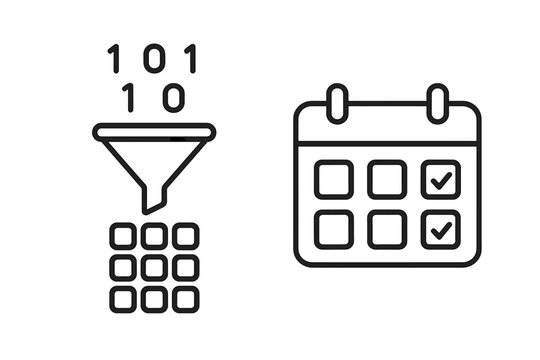 Data filtering process with binary code funnel and calendar scheduling