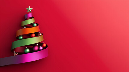 A minimalist Christmas greeting card concept featuring an origami-style folded paper tree set against a vibrant red background,