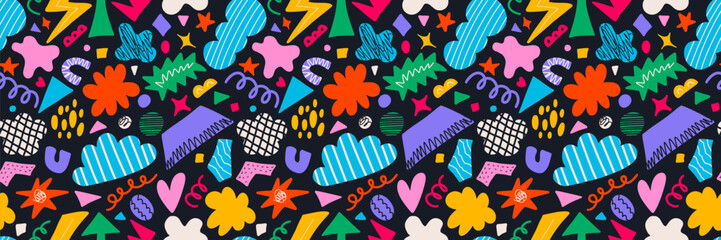 Colorful trendy abstract geometric shape seamless pattern with modern elements doodles and texture. Vector collage drawing style forms collection, bright background