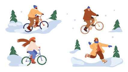 Joyful winter scene with diverse people happily riding fat tire bicycles through snowy landscapes perfect for seasonal promotions and outdoor activity themes
