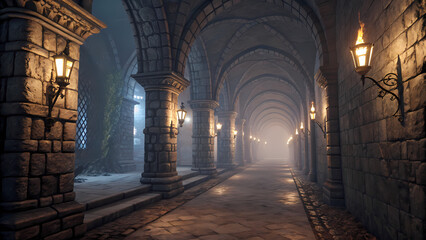 Obraz premium Medieval Stone Hallway Corridor — Game Asset Background, DnD inspired for scene background