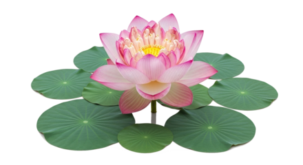 Exquisite Pink Lotus Flower with Green Lily Pads Isolated.