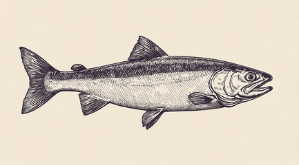 Naklejka premium Fish sketch salmon trout. Vintage retro print, black white salmon trout fish sketch ink pencil style drawing, linear drawing, engrave old school. Sketch artwork salmon trout fish. Illustration