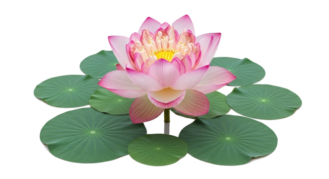 Exquisite Pink Lotus Flower with Green Lily Pads Isolated.