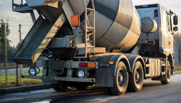 Cement mixer truck driving swiftly to the construction site, ensuring timely delivery for infrastructure projects, a symbol of progress and development