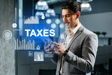 Business professional reviews tax information on smartphone in modern office environment