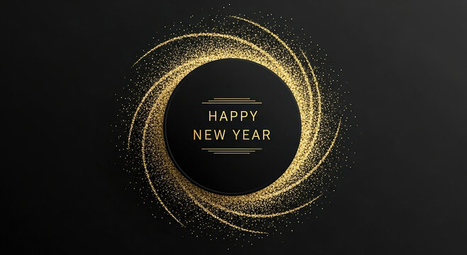 Happy new year greeting card. beautiful golden glitter swirling in a circular shape around a central black circle with gold text