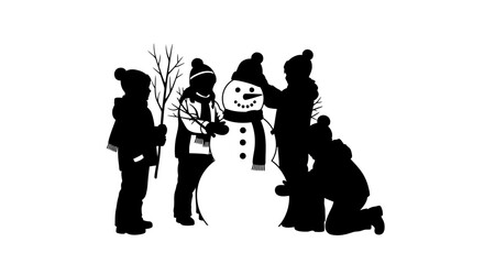 Silhouettes of children building a snowman in a winter scene.