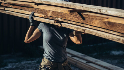 Construction worker carrying lumber on shoulders, showcasing strength and dedication, ideal for construction, building, and skilled trades themes