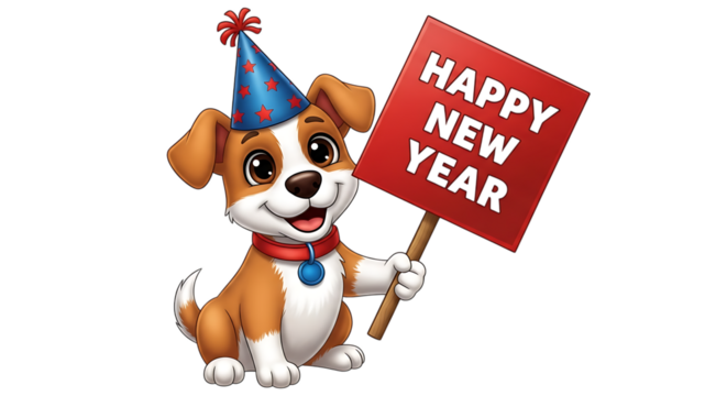 Cartoon dog wearing party hat holding red sign with happy new year text isolated on a transparent background