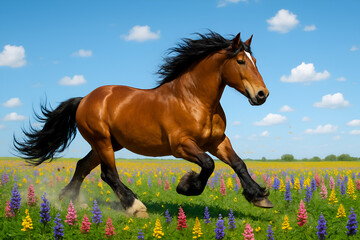 Powerful brown horse galloping running through wildflower meadow field sunny blue sky nature background