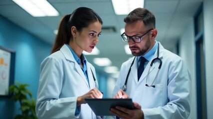 Two medical professionals reviewing data on a digital device - Powered by Adobe