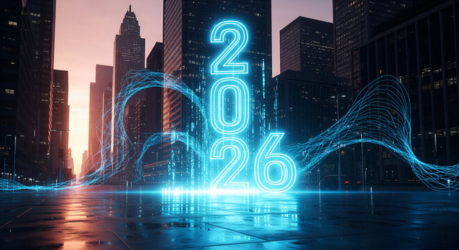 Futuristic Cityscape with Glowing 2026 Neon Numbers