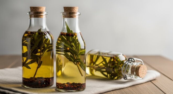 Closeup of small glass bottles with herbs and oil - Powered by Adobe