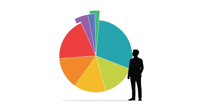 Silhouette of a man standing next to a large colorful pie chart representing data and statistics