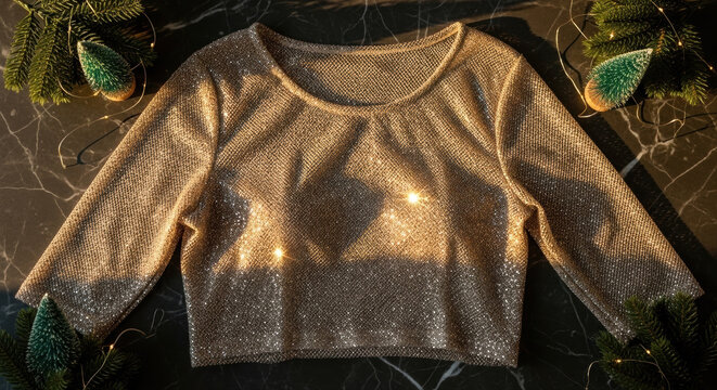 champagne-colored sparkle mesh top laid flat on dark marble surface. Sheer Sparkle Mesh Party Top, Gold Glitter, Festive Mood