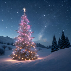 Stunning illuminated Christmas tree glows under starry night sky in serene snowy landscape, perfect for holiday joy and winter wonder