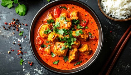 A close-up overhead view of a vibrant chicken tikka masala dish, accompanied by a side of white rice and chopsticks, set against a dark, speckled surface.