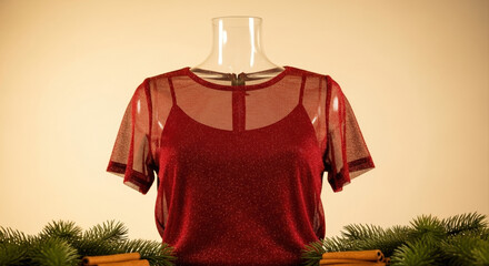 deep red mesh top with gold sparkle detail displayed on invisible form against cream background. Red sheer mesh party top, sparkle design, festive display