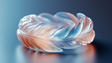 Abstract 3D illustration of a translucent glowing feather curled into a ring shape with blue and orange gradient lighting